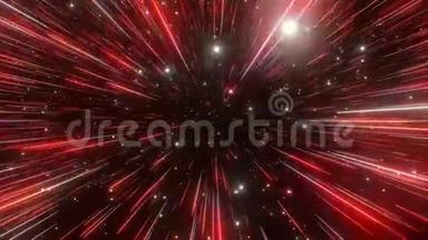 抽象超空间背景。 光的速度，霓虹发光的光线和恒星的运动。 红色版本。 穿过星星。 4k